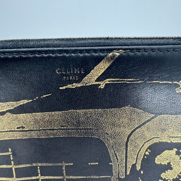 Celine - Collectible Paris Black Leather Zip Around Wallet Gold Carriage Print - Picture 3 of 9
